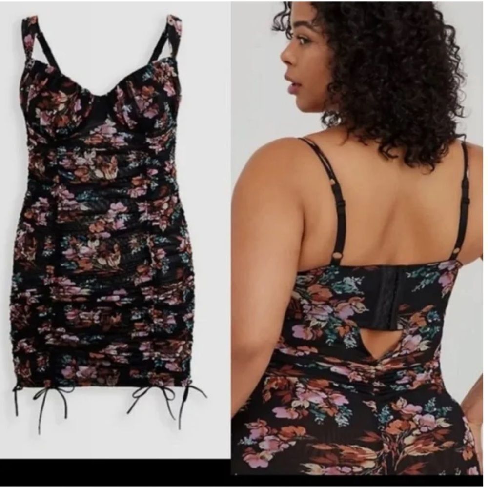 Torrid Curves Pretty Floral Black Underwire Ruched Mesh Lingerie Dress  Sz 2X